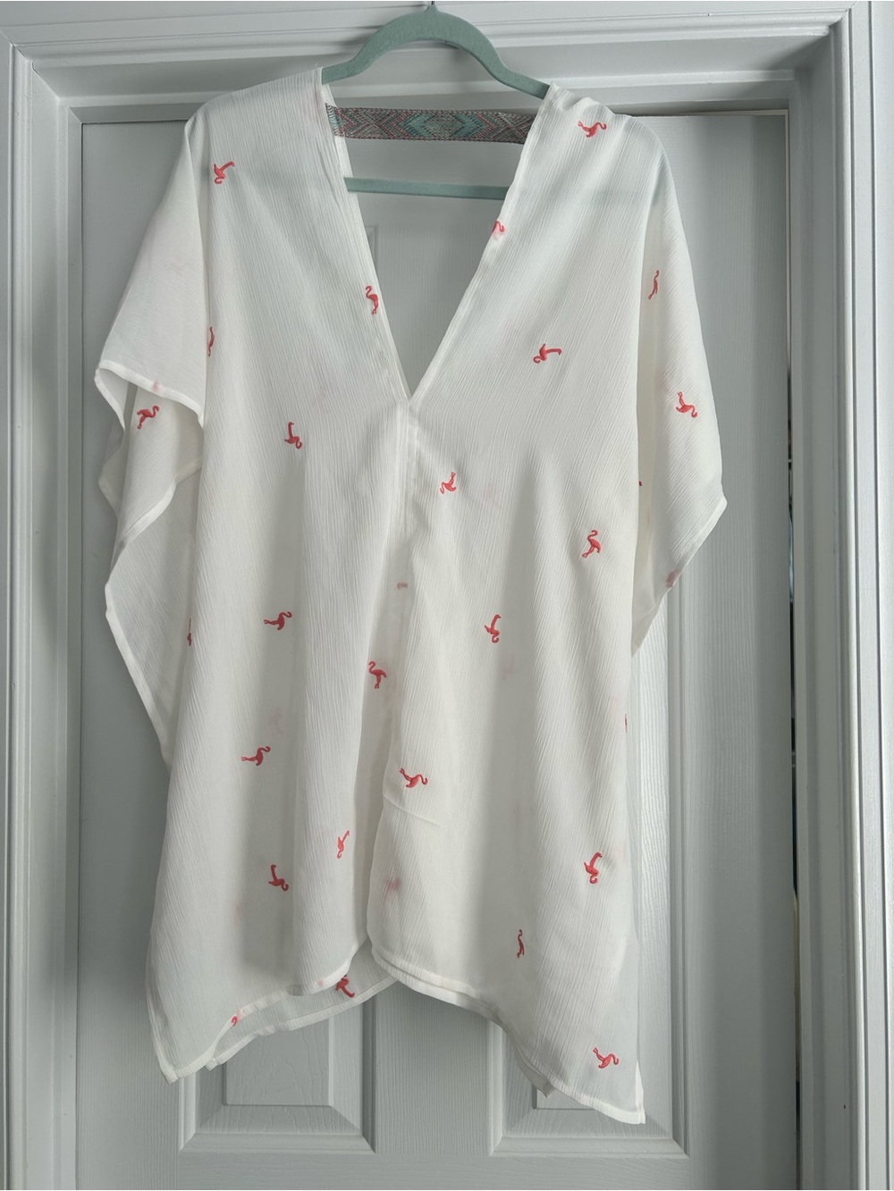Xhilaration White V-Neck Swim Cover-Up with Pink Flamingo Motif